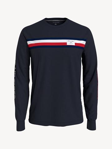 Férfi Tommy Hilfiger Logo stripe long-sleeve Póló Sötétkék | HU 836OKI